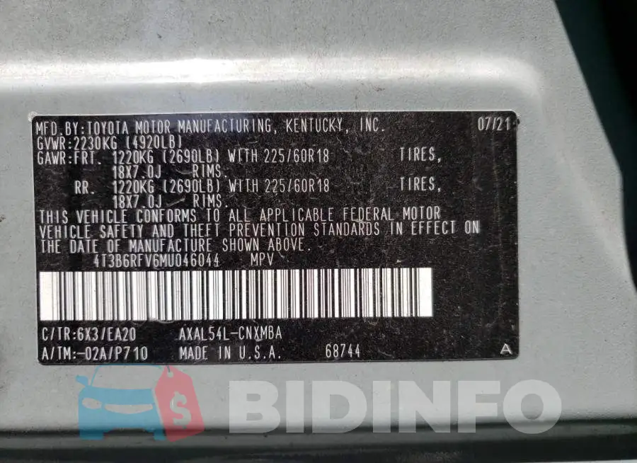 4T3B6RFV6MU046044 Photo# 10