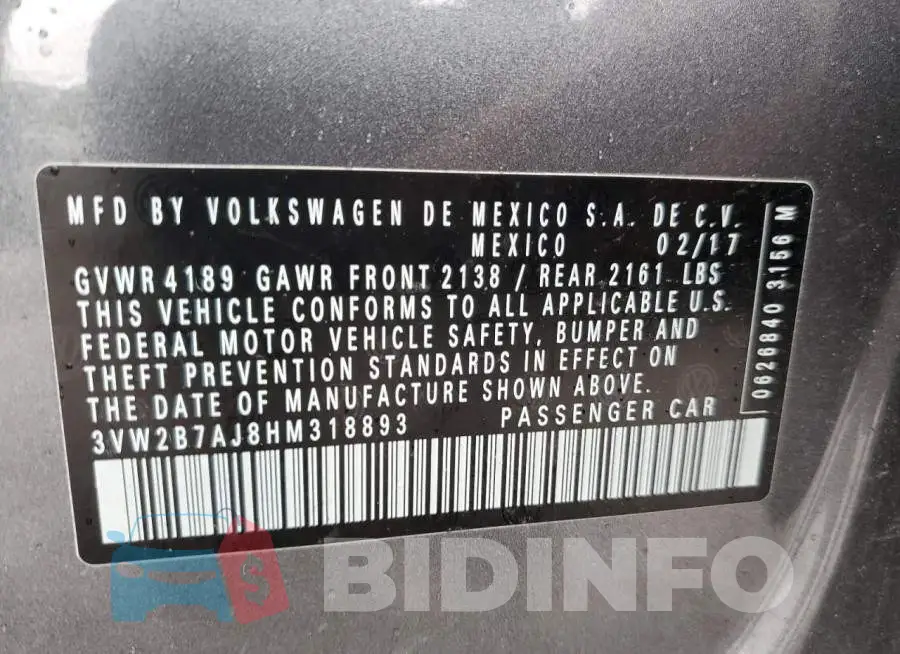 3VW2B7AJ8HM318893 Photo# 10