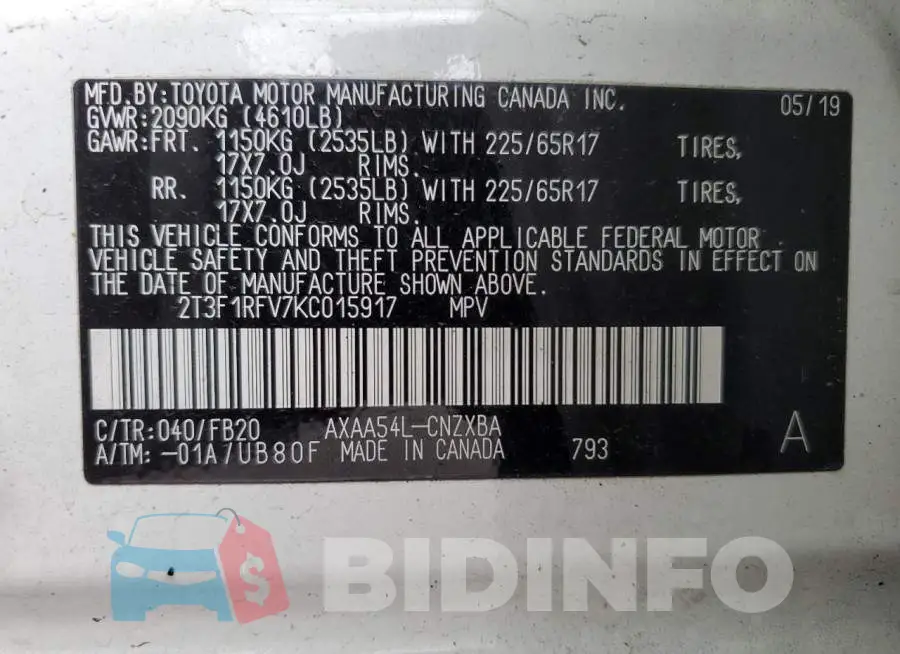2T3F1RFV7KC015917 Photo# 10