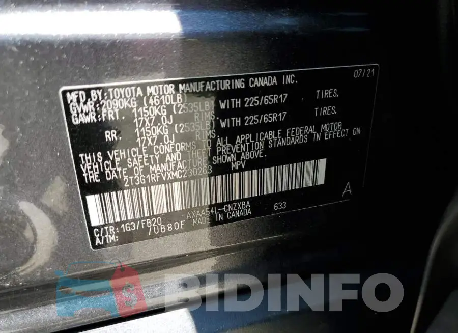 2T3G1RFVXMC230263 Photo# 10