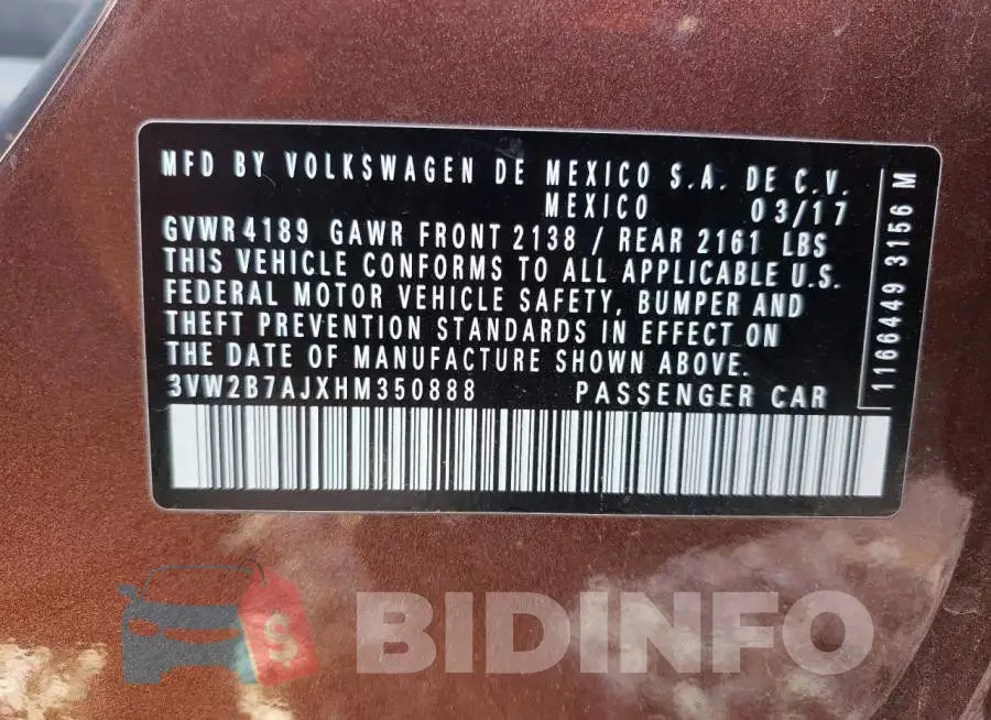 3VW2B7AJXHM350888 Photo# 10