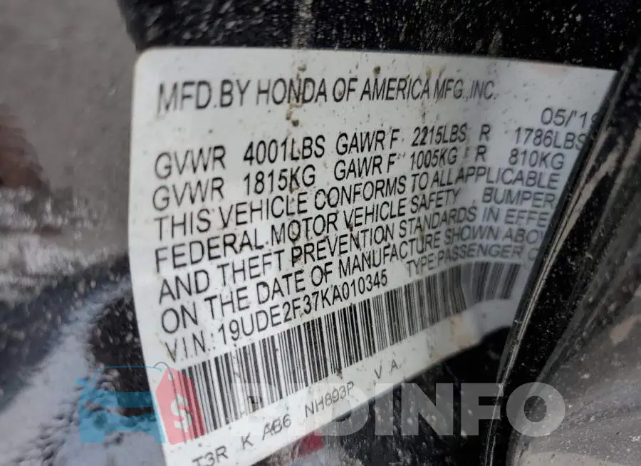 19UDE2F37KA010345 Photo# 10