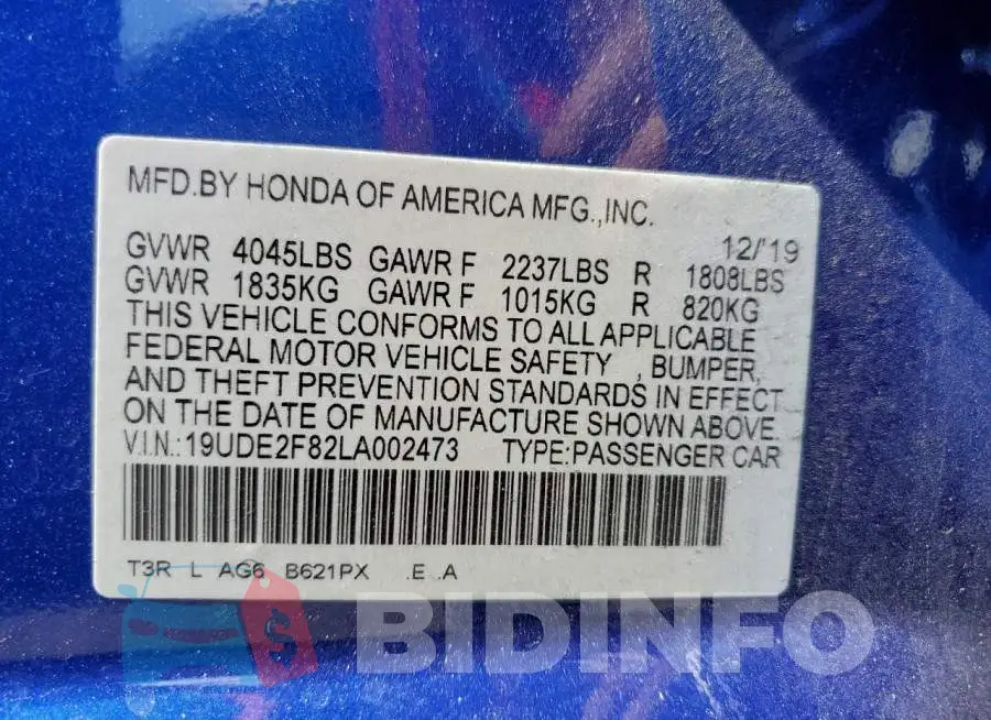 19UDE2F82LA002473 Photo# 10