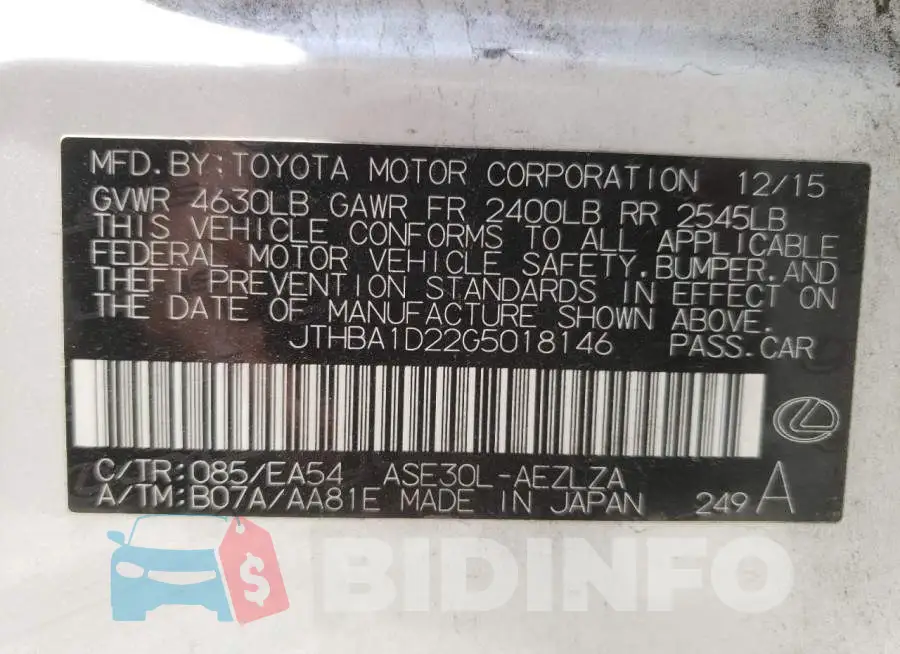 JTHBA1D22G5018146 Photo# 10