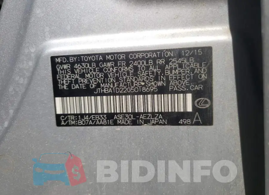 JTHBA1D22G5018695 Photo# 10