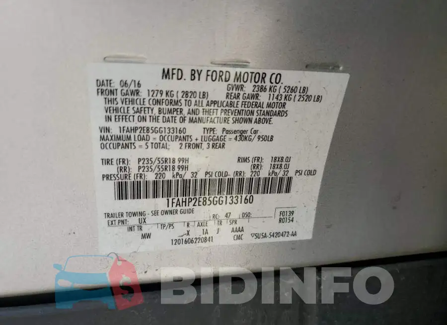1FAHP2E85GG133160 Photo# 10