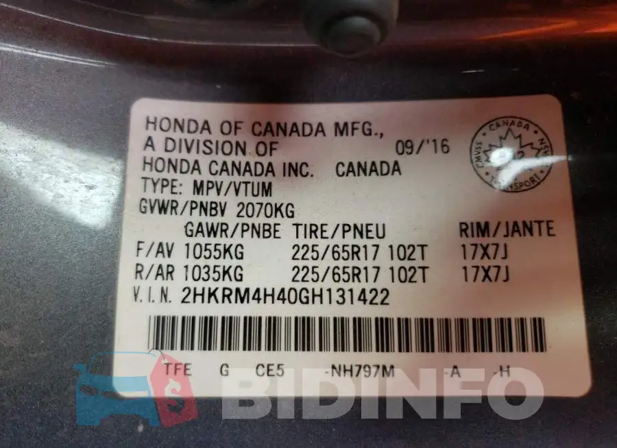 2HKRM4H40GH131422 Photo# 10
