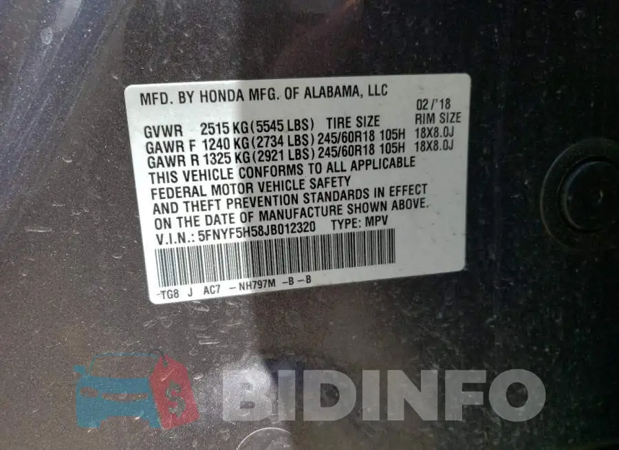 5FNYF5H58JB012320 Photo# 10