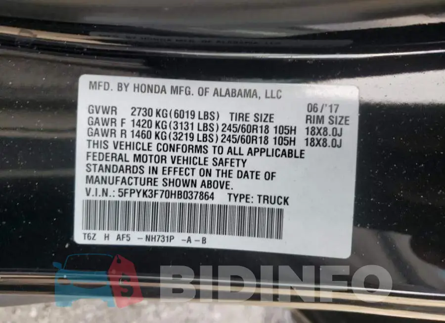 5FPYK3F70HB037864 Photo# 10