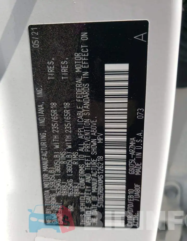 5TDGZRBHXMS126218 Photo# 10