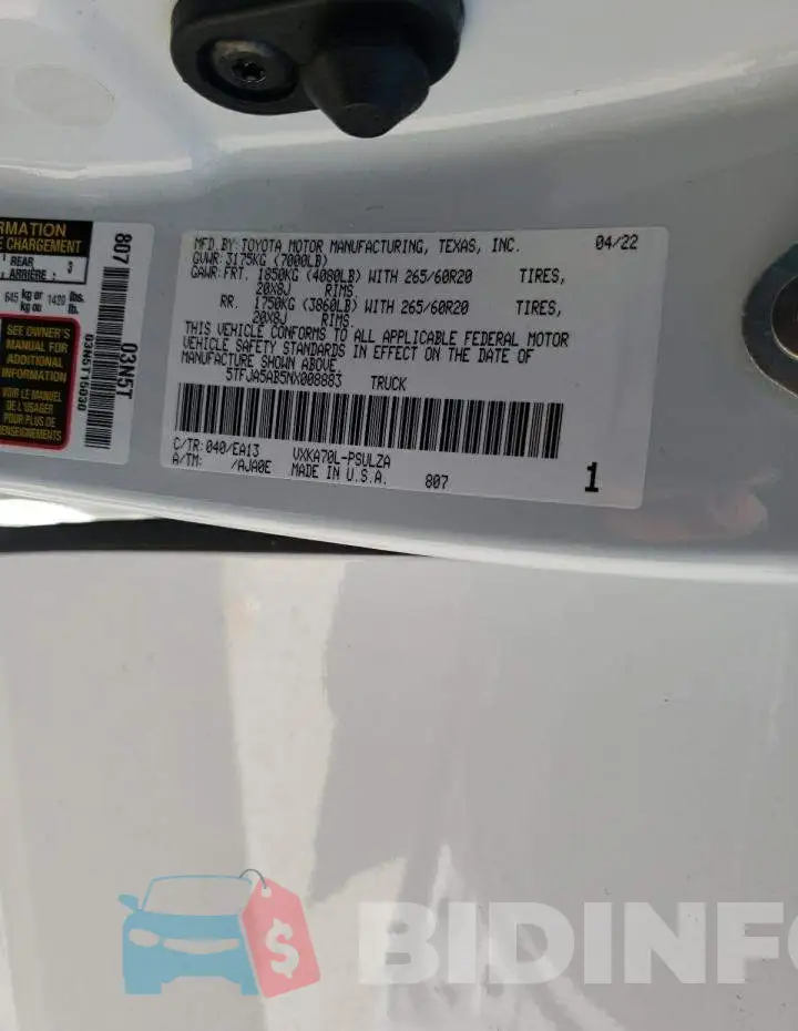 5TFJA5AB5NX008883 Photo# 10