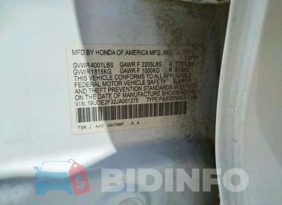 19UDE2F32JA001275 Photo# 10