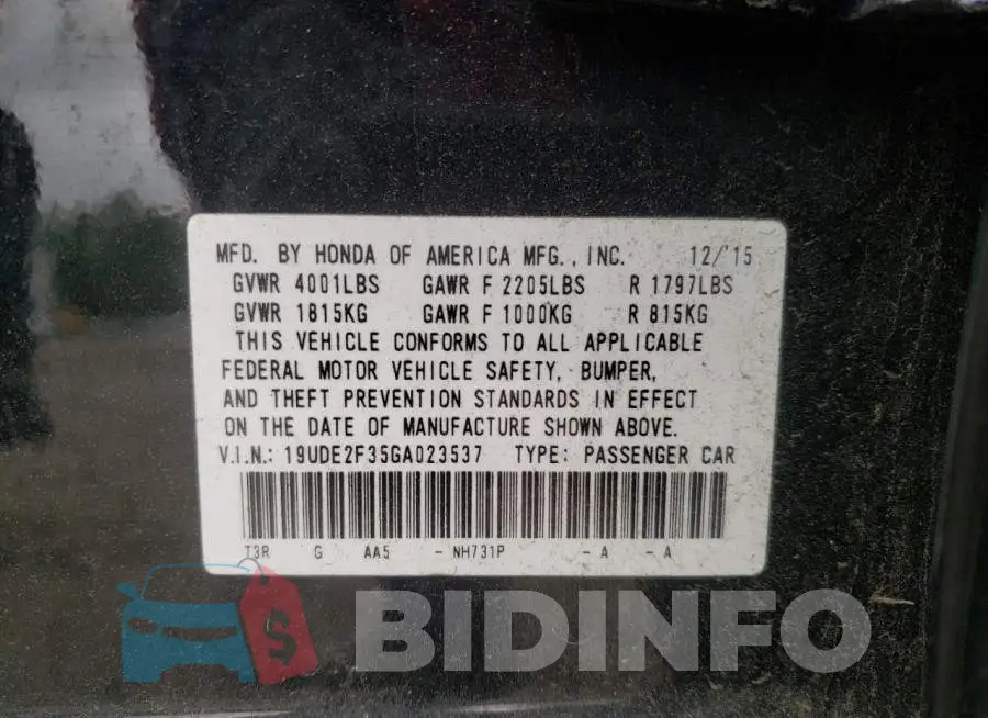 19UDE2F35GA023537 Photo# 10