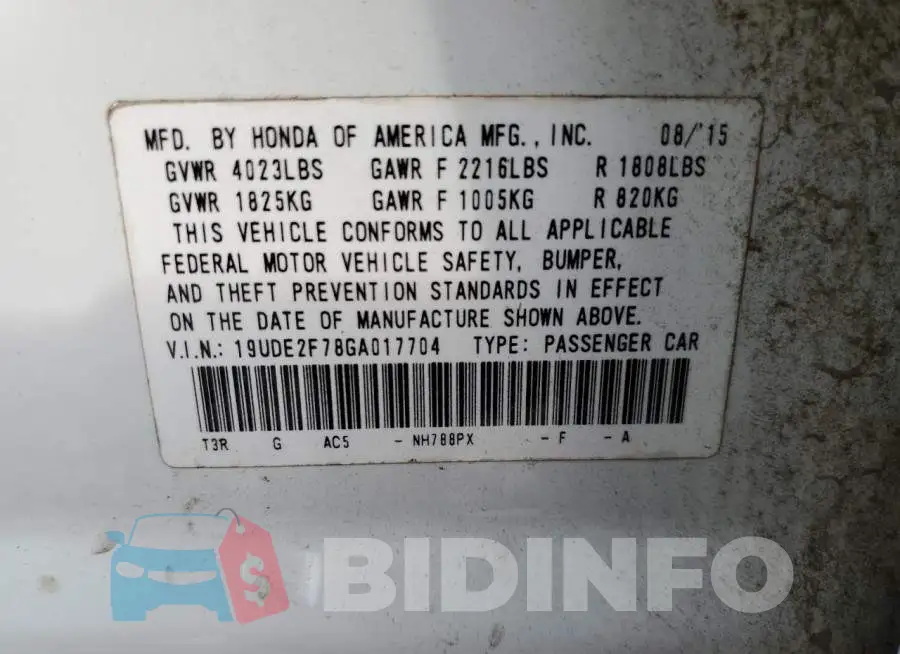 19UDE2F78GA017704 Photo# 10