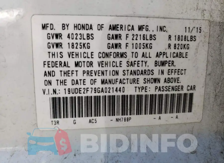 19UDE2F79GA021440 Photo# 10