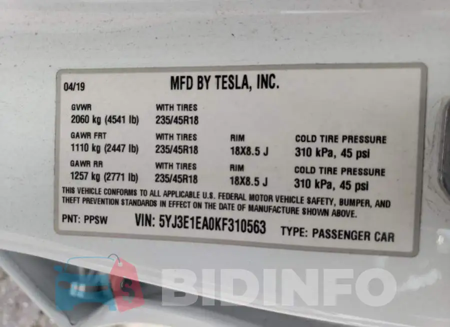 5YJ3E1EA0KF310563 Photo# 10