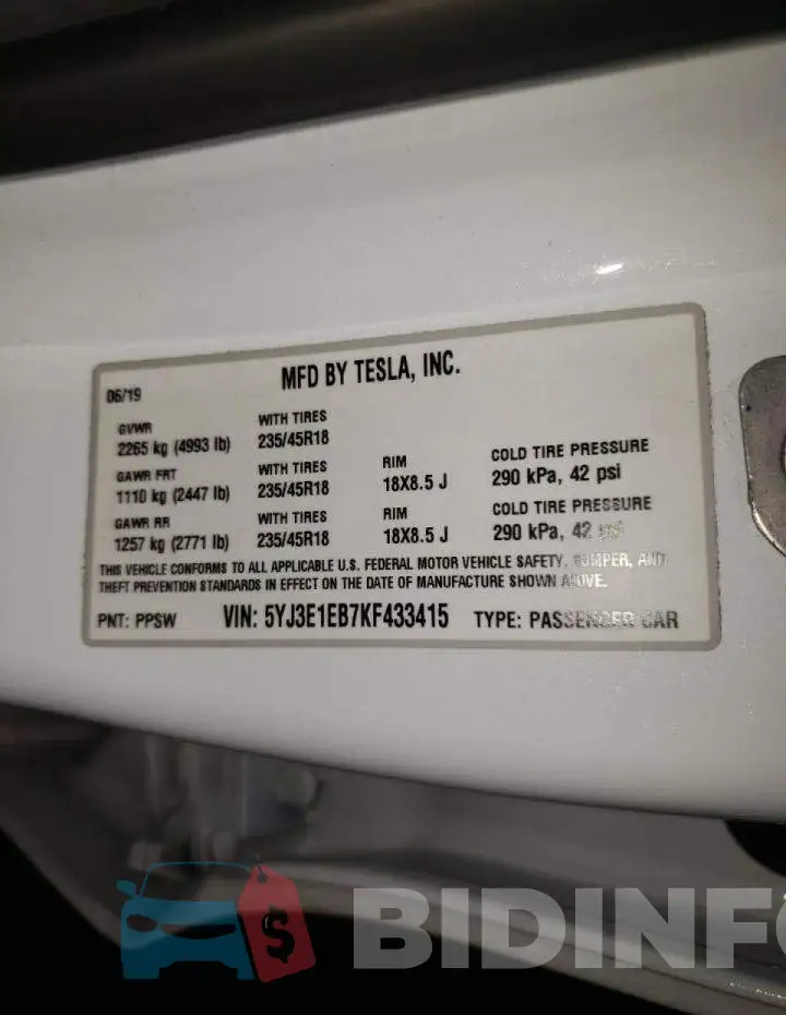 5YJ3E1EB7KF433415 Photo# 10