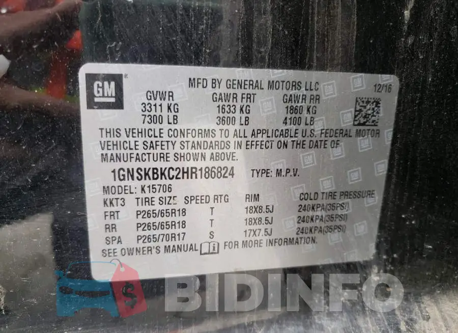 1GNSKBKC2HR186824 Photo# 10