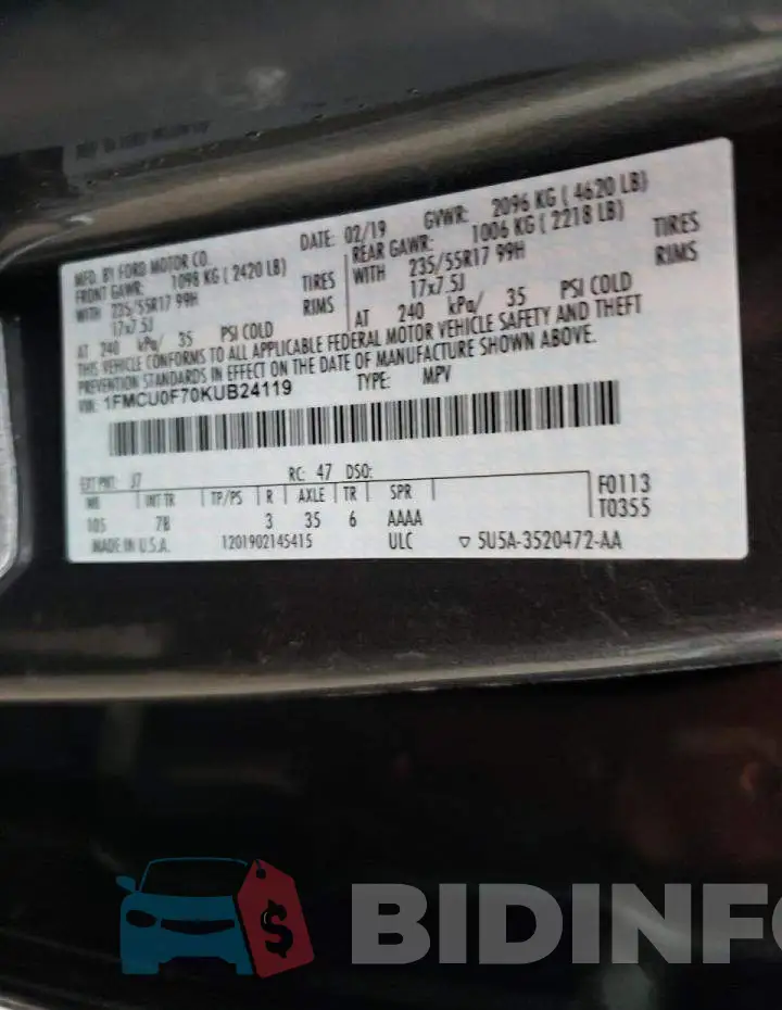 1FMCU0F70KUB24119 Photo# 10
