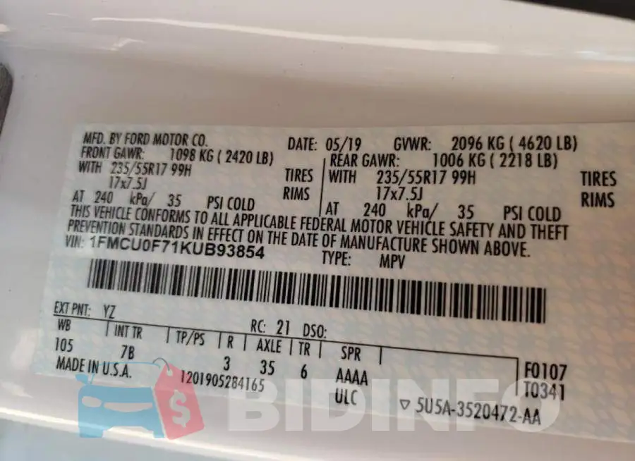 1FMCU0F71KUB93854 Photo# 10