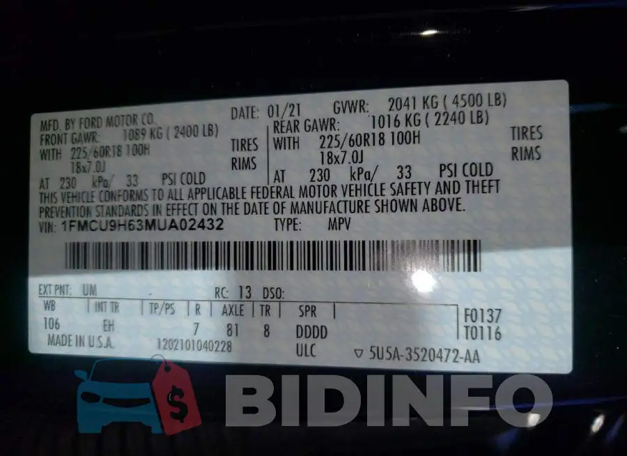 1FMCU9H63MUA02432 Photo# 10