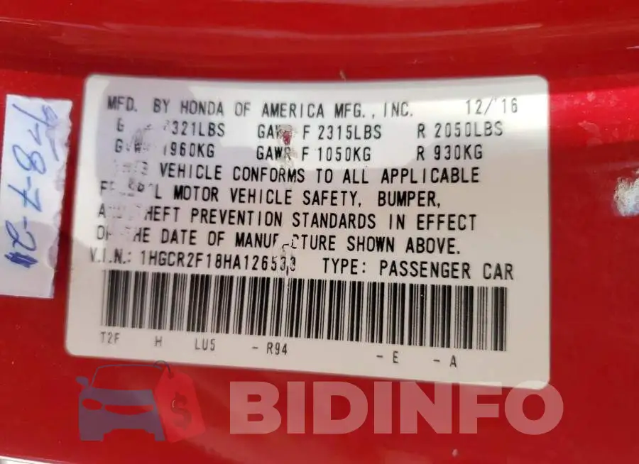1HGCR2F18HA126533 Photo# 10