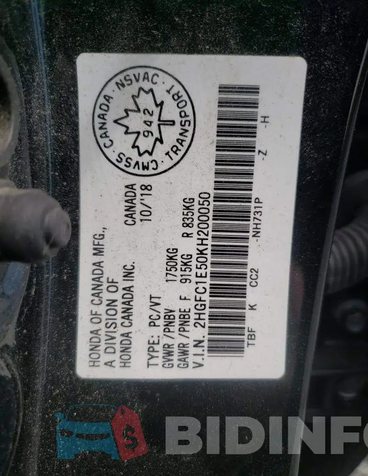 2HGFC1E50KH200050 Photo# 10