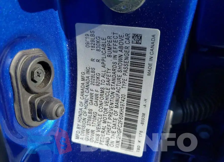 2HGFC2F60KH597420 Photo# 10