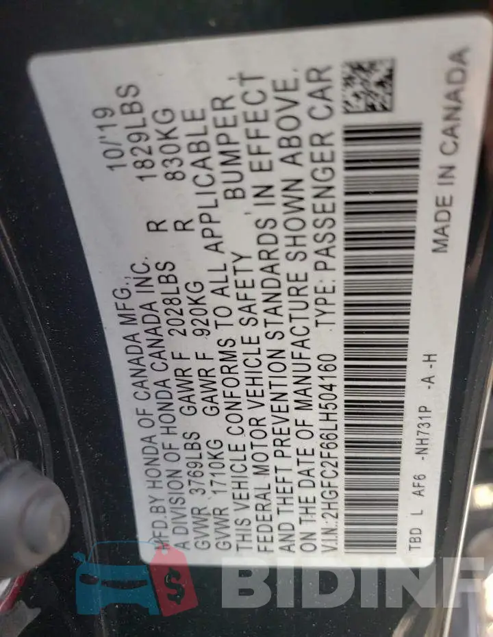 2HGFC2F66LH504160 Photo# 10