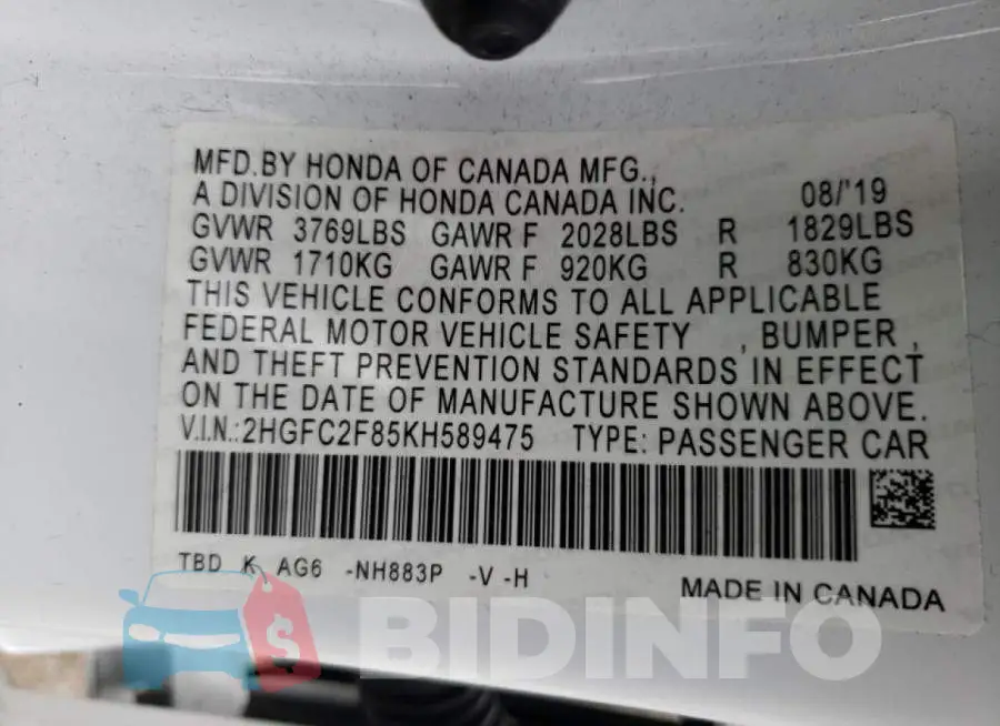 2HGFC2F85KH589475 Photo# 10