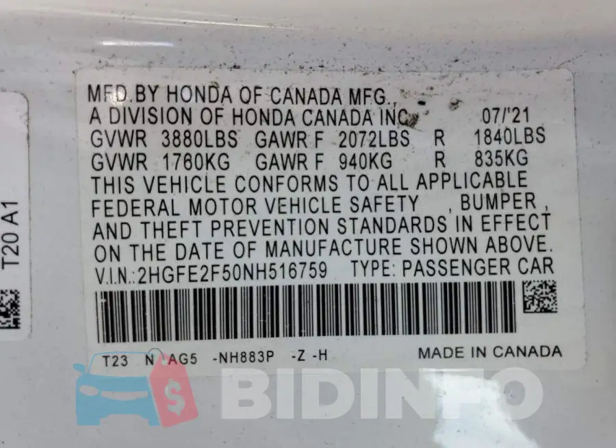 2HGFE2F50NH516759 Photo# 10