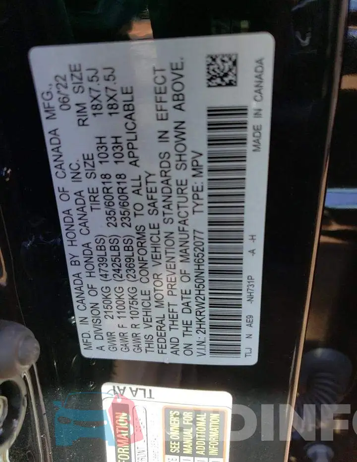 2HKRW2H50NH652077 Photo# 10