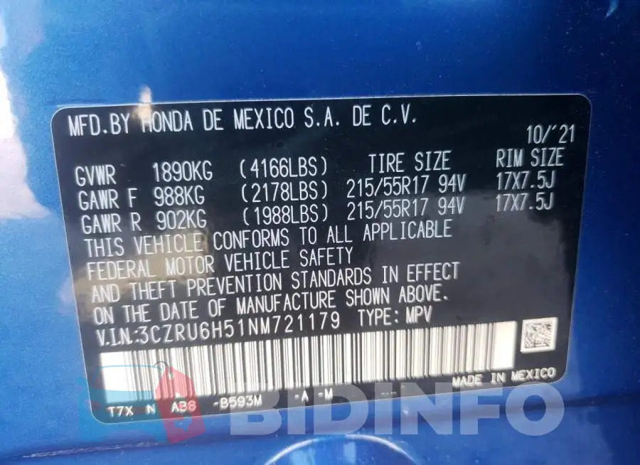 3CZRU6H51NM721179 Photo# 10