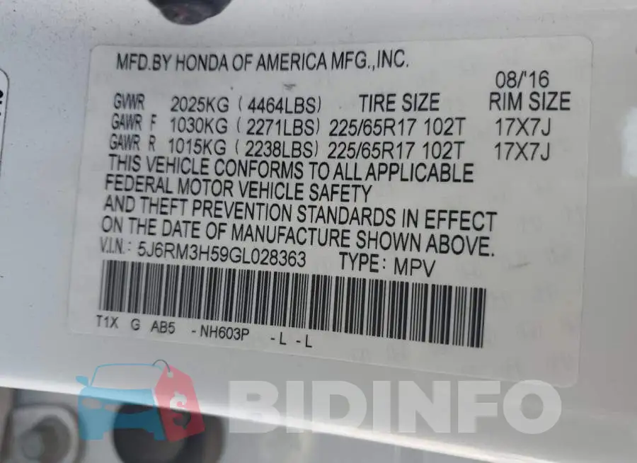 5J6RM3H59GL028363 Photo# 10