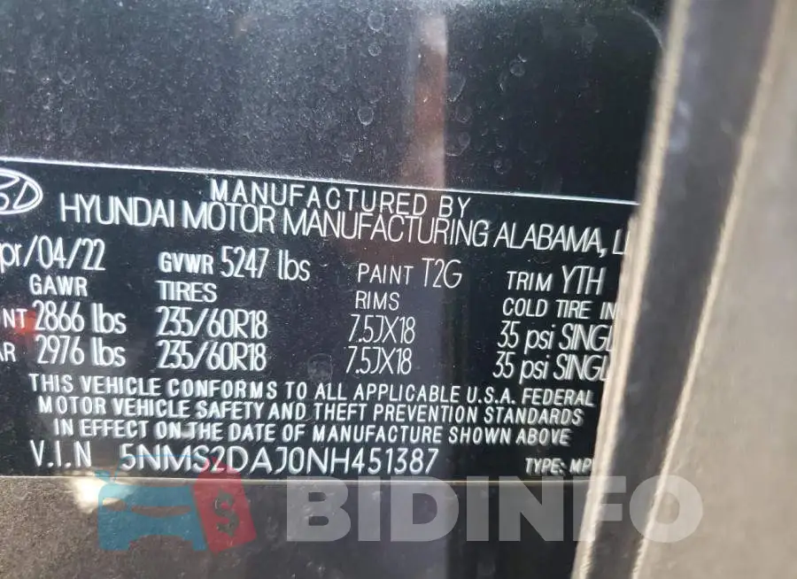 5NMS2DAJ0NH451387 Photo# 10