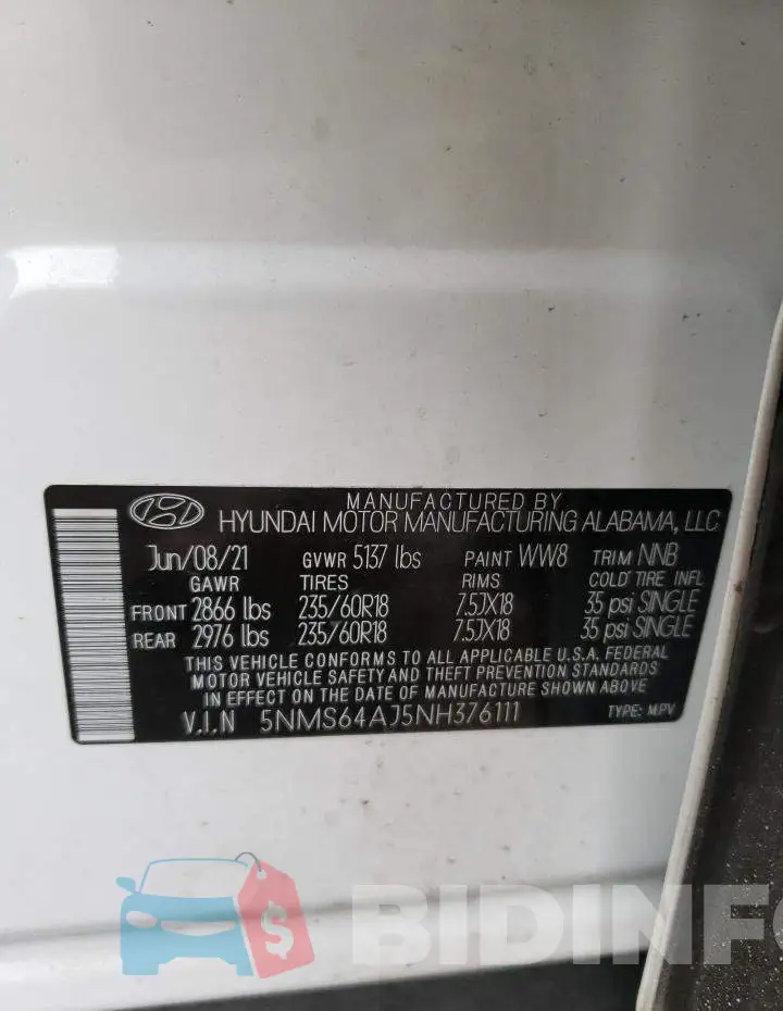 5NMS64AJ5NH376111 Photo# 10