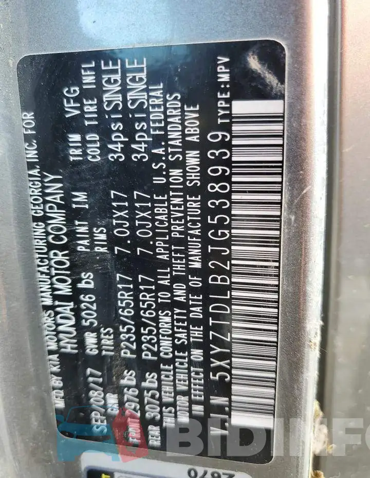 5XYZTDLB2JG538939 Photo# 10