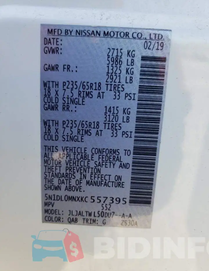 5N1DL0MNXKC557395 Photo# 10