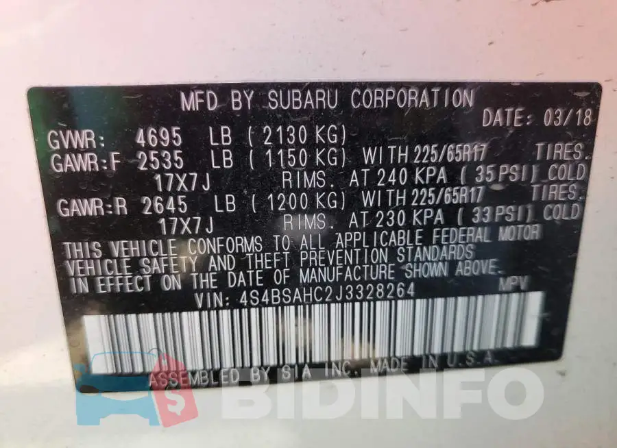 4S4BSAHC2J3328264 Photo# 10