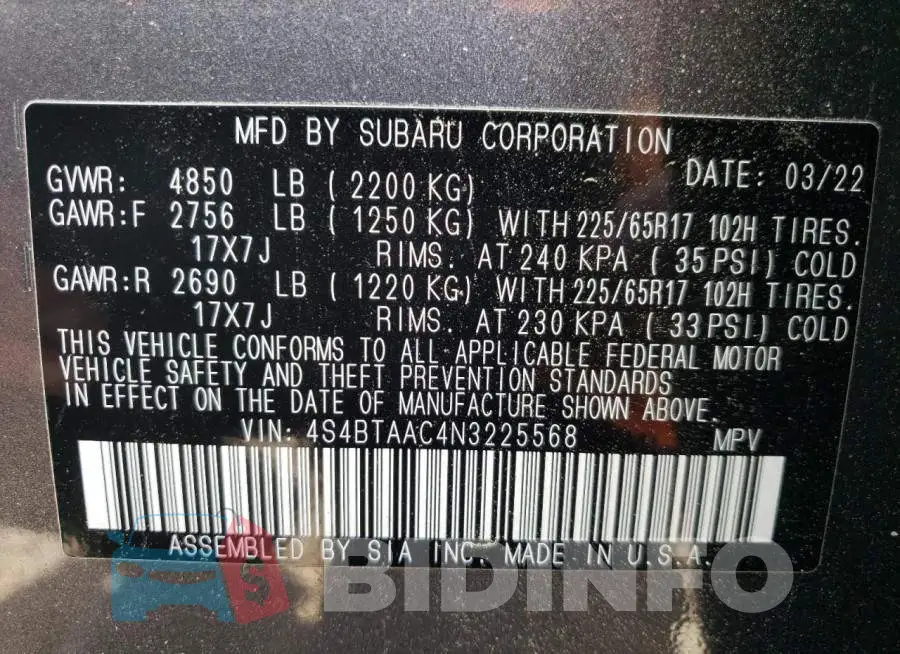 4S4BTAAC4N3225568 Photo# 10
