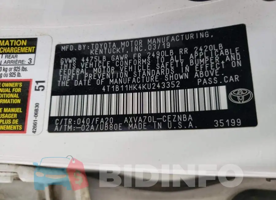 4T1B11HK4KU243352 Photo# 10