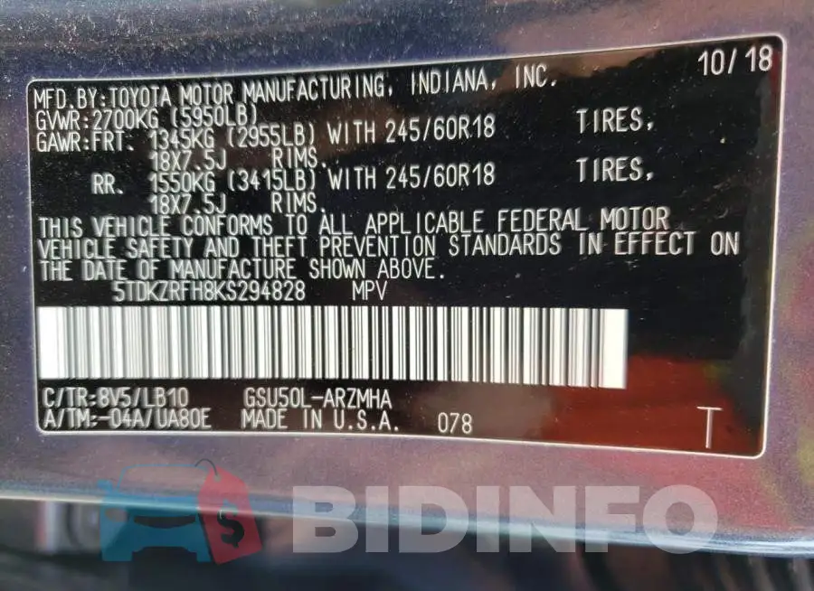 5TDKZRFH8KS294828 Photo# 10