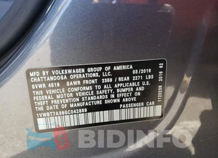 1VWBT7A38GC042889 Photo# 10