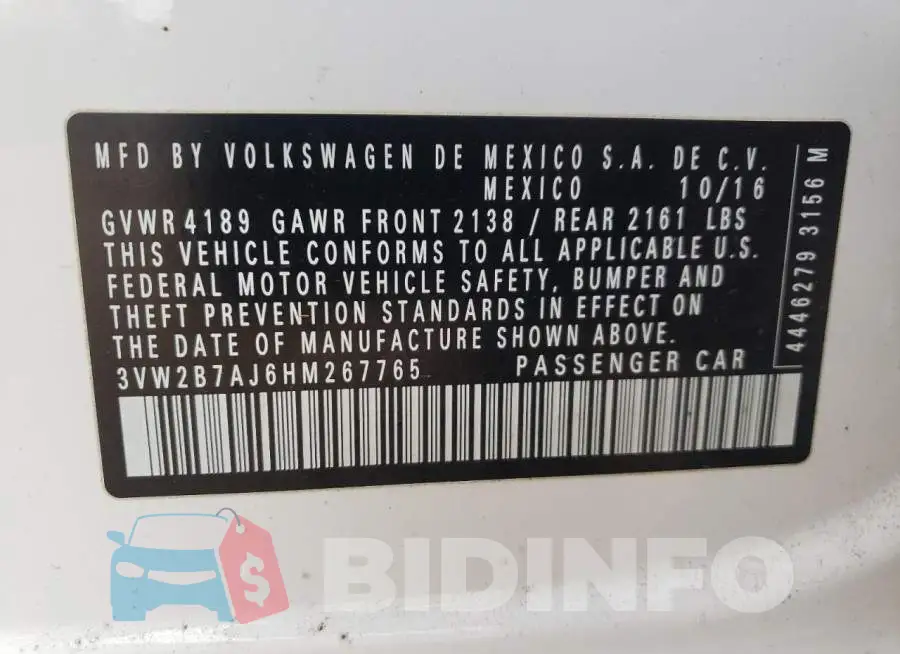 3VW2B7AJ6HM267765 Photo# 10