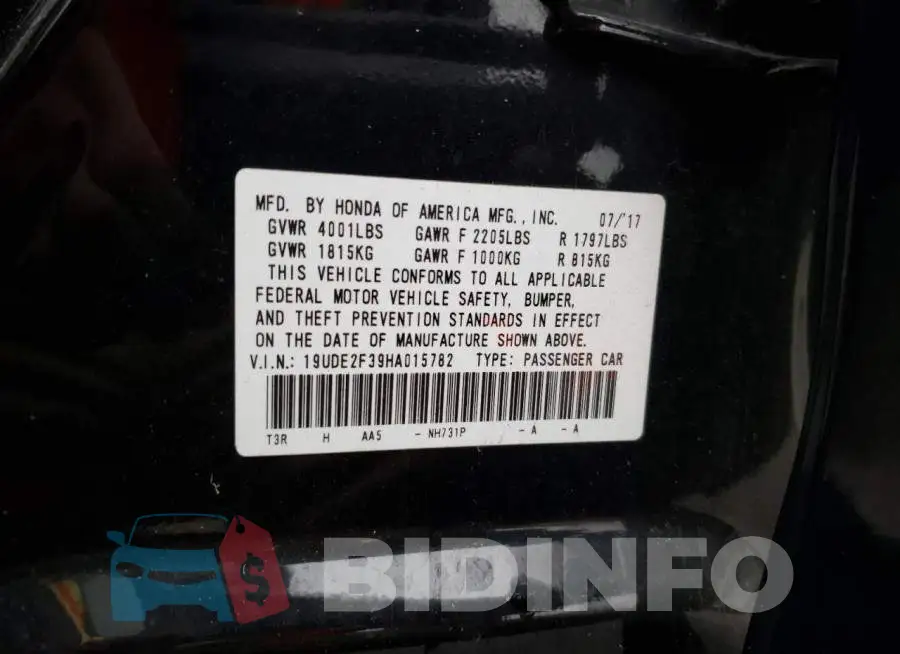 19UDE2F39HA015782 Photo# 10