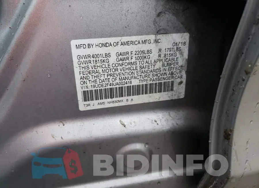 19UDE2F49JA002416 Photo# 10