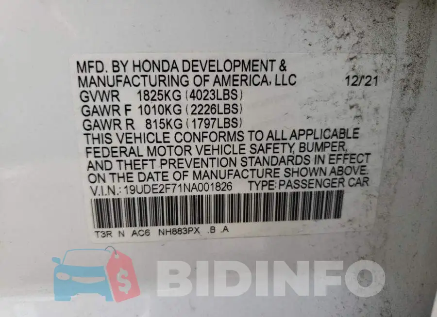 19UDE2F71NA001826 Photo# 10
