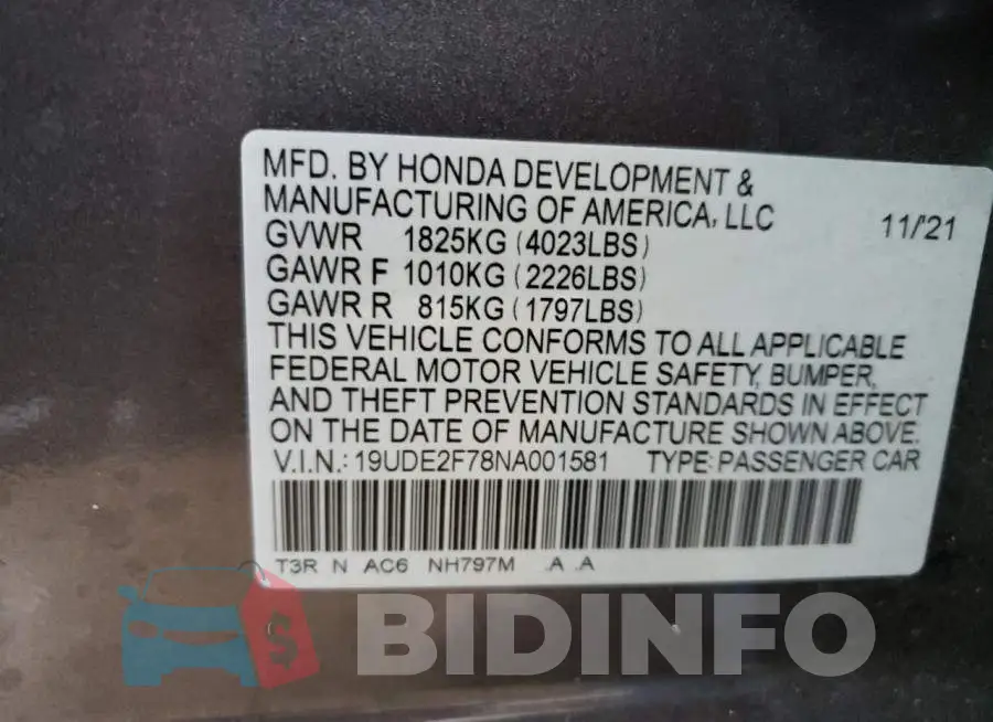 19UDE2F78NA001581 Photo# 10