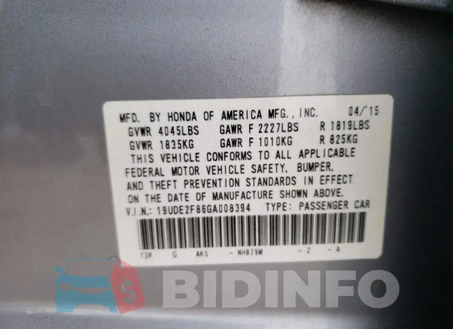 19UDE2F86GA008394 Photo# 10