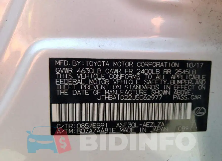 JTHBA1D22J5062977 Photo# 10